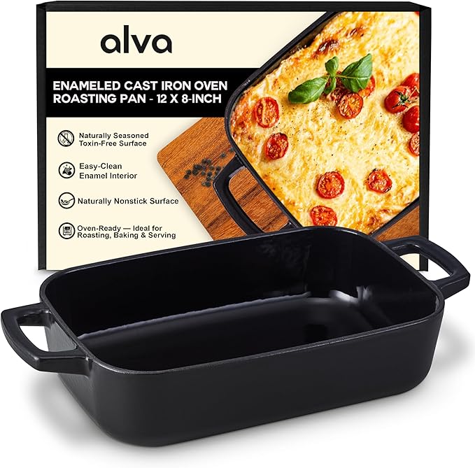 Alva Nori Enameled Cast Iron Roasting Pan 12x8" – Made With No PFAS/PTFE/PFOA, Oven & Induction Safe – 3-Layer Enamel, No Seasoning Needed – Durable, Easy-Clean Bakeware for Healthy Cooking, Black