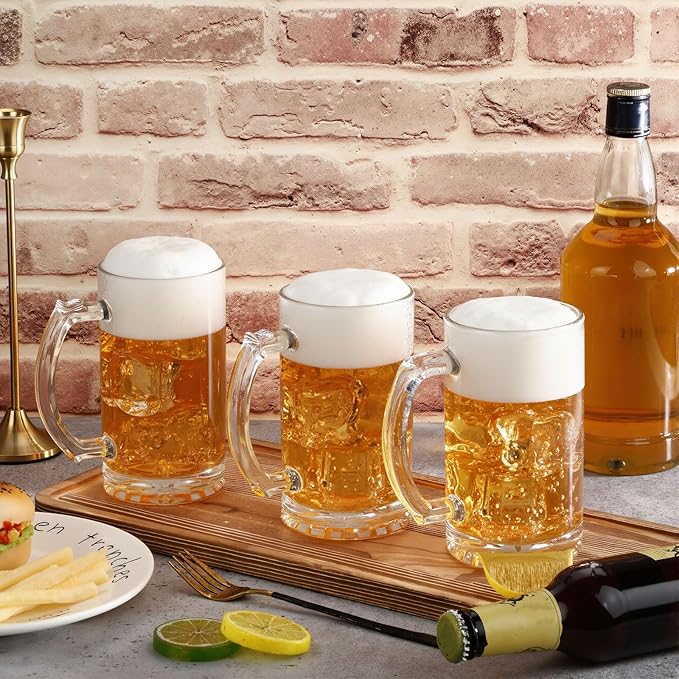 10 Pcs Beer Mugs with Handles 16 Ounce Clear Glass Beer Mugs Steins German Large Heavy Cups for Tea, Coffee, Root Floats, Dishwasher and Refrigerator Safe, Durable