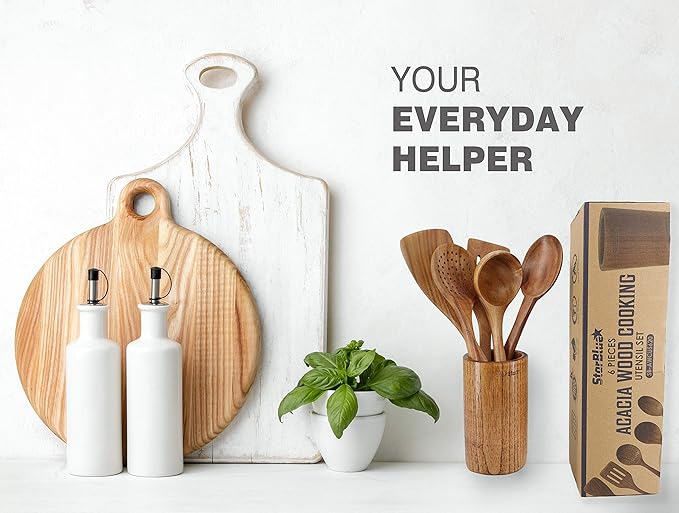 StarBlue Acacia Wooden Utensils Set 6 Pcs - Non-Scratching Durable Natural Wood Cooking Spatulas & Spoons for Nonstick Cookware with Holder