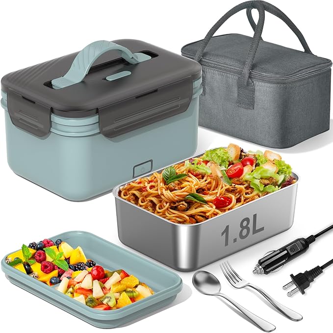 Electric Heated Lunch Box for Car Truck Home 1.8L 100W Portable Food Warmer with 12V/24V/110V/220V Hot Meal for Work Travel Jobsite Camping Christmas Gifts White Elephant Gifts for Adults/Men/Woman