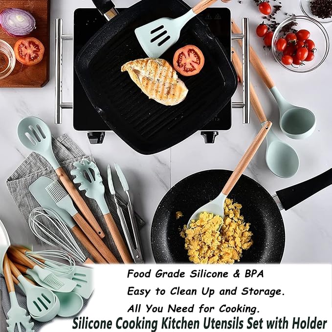 12PCS Kitchen Utensil Set Silicone Cooking Utensils Kit Spatula Heat Resistant Wooden Spoons Gadgets Tool for Non-Stick Cookware