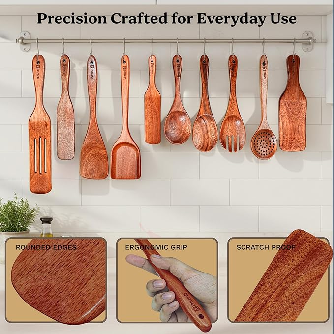 100% Natural Acacia Wooden Cooking Utensils Set - 10 Pcs Wooden Spurtle Set - Spurtles Kitchen Tools As Seen On TV Paddle - Safe for Nonstick Cookware - Stirs Like a Spoon, Flips Like A Spatula