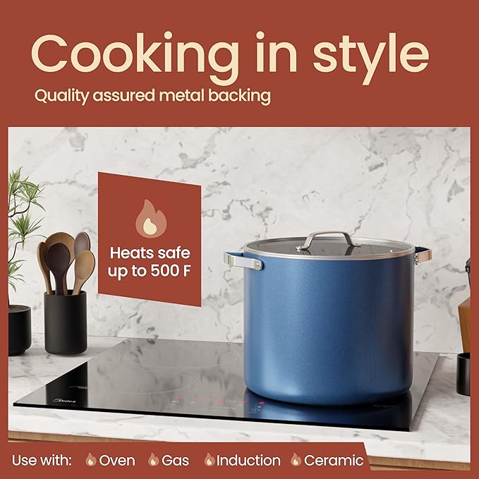 Bakken 16 Quart Ceramic Coated Stock Pot with Lid, Easy Clean Nonstick Pot, Tempered Glass Lid, Riveted Stainless Steel Handles, Oven Safe Up To 500°F, PTFE & PFAS Free, All Stove Compatible, Blue