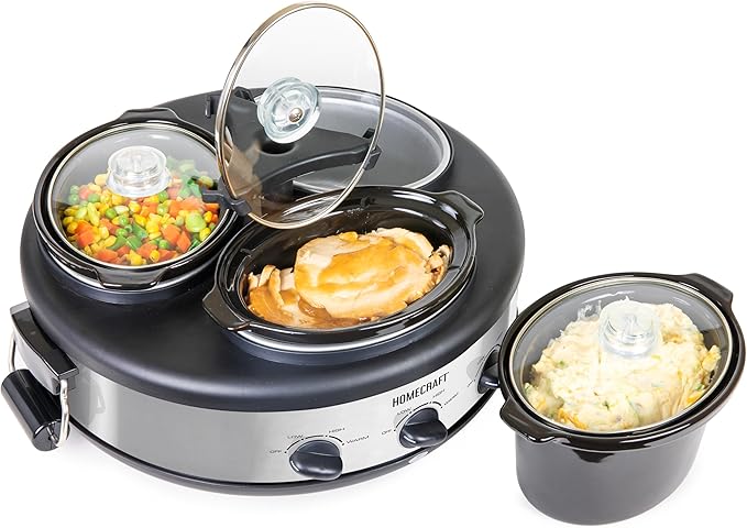 HomeCraft HCRTSCO15SS Triple Round Oval 1.5 Quart Stainless Steel Cooker Buffet with Adjustable Temperature Control, Removable Lids & Spoon Rests, Perfect for Dinner, Appetizers