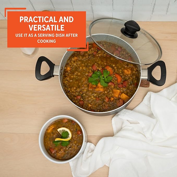 IMUSA 4.8 Qt Gray Speckled Ceramic Caldero Dutch Oven Stock Pot with Glass Lid – Nonstick Rice, Soup, Stew Pot for Hispanic Cooking, Pasta, Vegetables & Family Meals