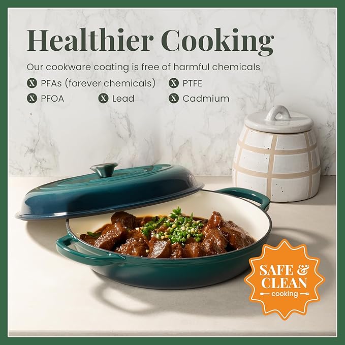 Larder & Vine Enameled Cast Iron Braiser | 3.6 qt Braiser Pan with Lid | Shallow Dutch Oven Compatible on All Cooktops | Casserole Dish Oven Safe to 500° F | Dual Handles | Bondi