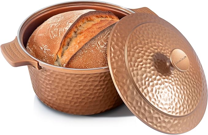 Gotham Steel Hammered 5 Qt Lightweight Dutch Oven Pot with Lid & Holders, Ceramic Non Toxic, Oven Safe & Even Heat Retaining Dutch Oven for Bread Baking Sourdough, Soup, 70% Lighter than Cast Iron