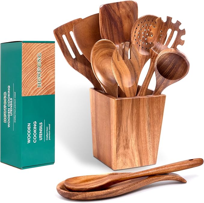 Wooden Spoons for Cooking, 11-Piece Natural Acacia Wood Cooking Utensils Set – Wooden Kitchen Utensils with Holder Spoon Rest, Nonstick Safe Non-Toxic Wooden Cooking Tools by HOWHONG
