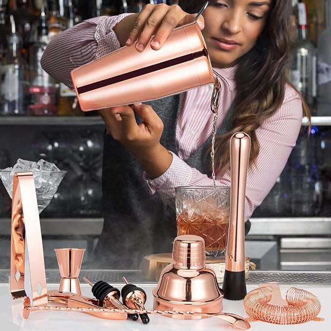 Cocktail Shaker Set, Mixology Bartender Kit 10-Piece Bar Tool Set with Stylish Bamboo Stand, Bar kit: Martini Shaker Mixing Spoon Muddler Jigger Corksrew for Barware Set | Rose