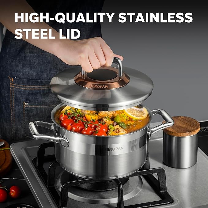 Hybrid Nonstick 3-Quart Stockpot,8 Inch Stainless Steel Stockpot with Lid,Non-stick Soup Pot,PFAS PFOA PTFE Free,Dishwasher-Friendly, Oven-Safe Up to 600°F,Compatible with All Cooktops