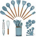 Silicone Kitchen Utensils Set & Holder: Cooking Utensils Set - Kitchen Essentials for New Home & 1st Apartment- Silicone Spatula Set, Cooking Spoons for Nonstick Cookware (Acacia Wood, Blue)