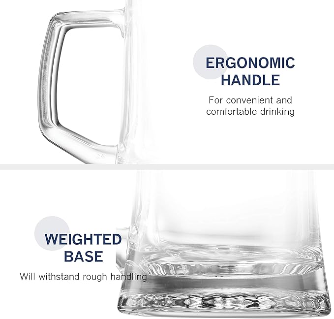 Bormioli Rocco 4-Pack Solid Heavy Large Beer Glasses with Handle - 17.1/4 Ounce Glass Steins, Traditional Beer Mug glasses Set, Perfect Coffee - Tea Glass, Everyday Drinking Glasses, Cocktail Glasses