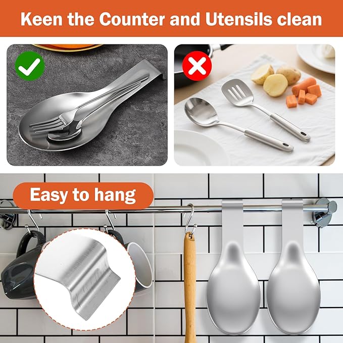 10 Pcs Stainless Steel Spoon Rest, Spatula Ladle Holder Utensil Spoon Rest for Stove Top/Countertop Heavy Duty Ladle Holder Dishwasher Safe for Kitchen Cooking Utensils, 10.24 x 3.86 Inch (Silver)