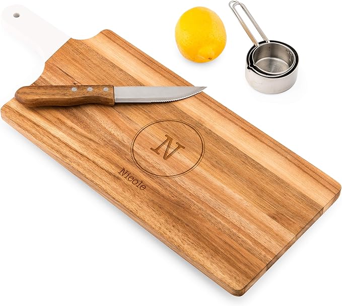 Weddingstar Personalized Wooden Cutting Board or Serving Board with White Handle 7.8" x 21"- Circle Monogram Etching