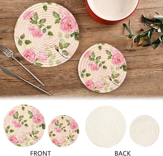 Kitchen Trivets Pot Holders Set of 2, Vintage Pink Roses Trivets for Hot Pots Dishes Woven Trivet Coaster Pad Mat for Counter