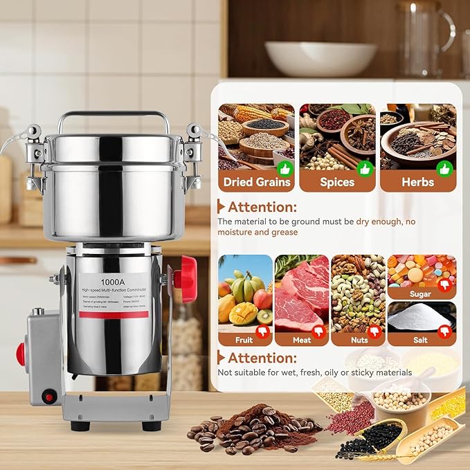 Electric Grain Mill, 1000g Stainless Steel Mill, 3000W High Speed Commercial Grinder Machine, Pulverizer Spice Herb Grinder for Dry Grains Cereals Coffee Corn Pepper, Swing Type