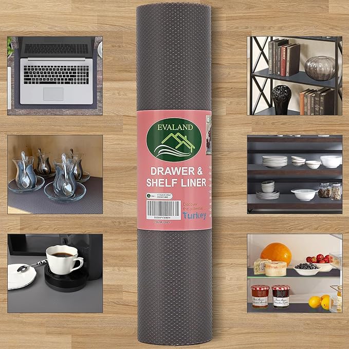 EVALAND Shelf Liners for Kitchen Cabinets Non-Adhesive 17.7" x 33 FT Grey Drawer Liner Non Slip, Washable Cabinet Liner, Waterproof Shelf Liners for Cabinets, Refrigerator Bathroom Pantry Cabinet Mat