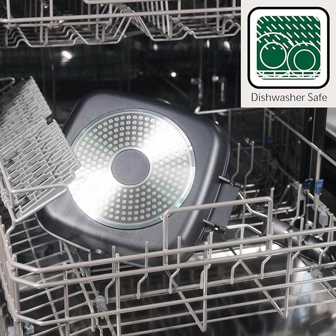 SKITCHN Nonstick Grill Pan With Folding Handle - Induction Compatible KBBQ Pan for Stove Tops, Indoor Square BBQ Grilling With Pour Spouts - 11 in