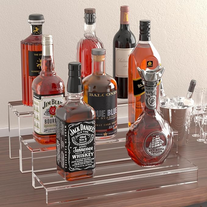 2 Pack Tiers Bar Shelves for Liquor Bottles, 15" Clear Acrylic Risers Display Racks Stands for Figures Pops Cupcake Perfume Collections (Clear)