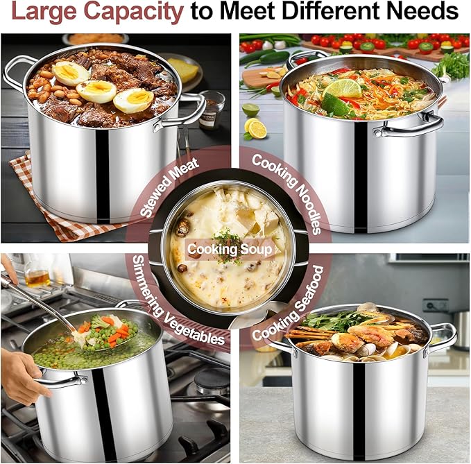 P&P CHEF 14 QT Stock Pot with Lid, Stainless Steel Large Cooking Pot, Soup Canning Stockpot for Stewing Simmering, Tri-ply Bottom for All Stoves, Heavy-Duty &Dishwasher Safe & Food-Grade
