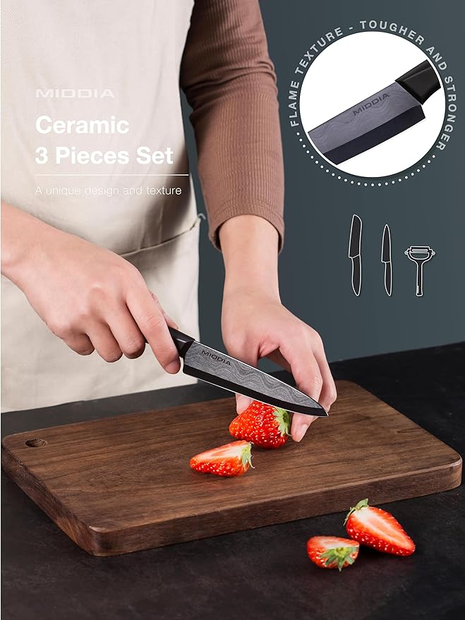 Kitchen Knife Set with Peeler (3 Pieces), includes 5" Santoku Knife, 4.5" Paring Knife, Fruit and Vegetable Peeler, Ceramic Blades with Ergonomic Handle, Black Blade