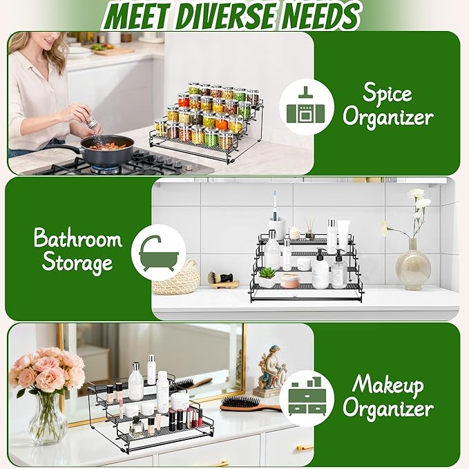 4 Tiered Countertop Spice Rack Organizer for Cabinet, Metal Tiered Spice Holder Storing 24 Spices Jars, Multipurpose Seasoning Shelf for Cupboard, Pantry, Kitchen Storage (1 Pcs)
