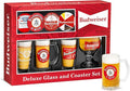 Budweiser 4 Beer Glass and Coaster Deluxe Gift Set