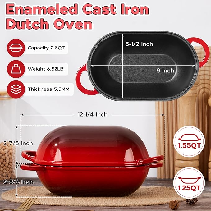 Onader Enameled Cast Iron Dutch Oven, 2.8QT Dutch Oven Pot with Lid for Sourdough Bread Baking, Oval Meatloaf Pan, Heavy Duty - Red