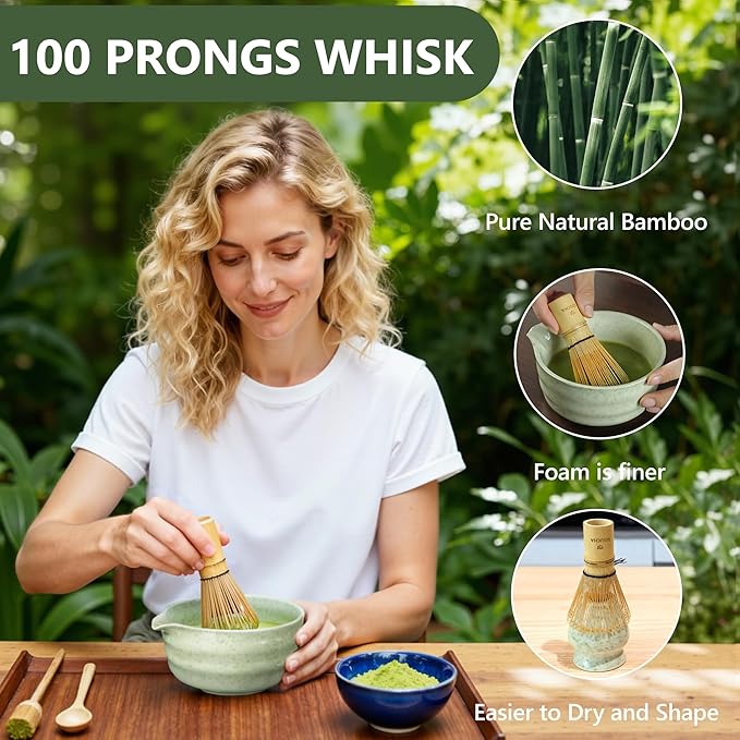 Matcha Whisk Set, 9 Pcs Ceramic Matcha Kit Includes Bowl & Bamboo Whisk & Holder, Matcha Cup & Measuring Spoon, Tea Set Gift for Matcha Lovers Beginners (Pea Green)