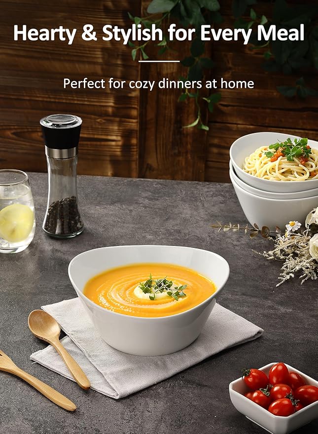 Yedio 48 oz Porcelain Salad Bowls Set of 4 – Large Serving Bowls for Pasta, Soup, Oatmeal, Snacks – Microwave & Dishwasher Safe, White Kitchen Bowl Set