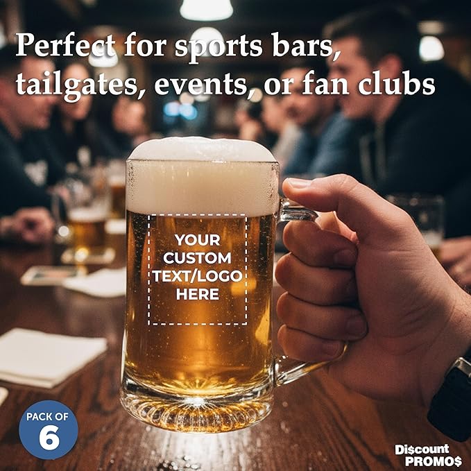 DISCOUNT PROMOS Custom ARC Glass Beer Mugs 14 oz. Set of 6, Personalized Bulk Pack - Great for Octoberfest, Pub, Restaurant - Clear