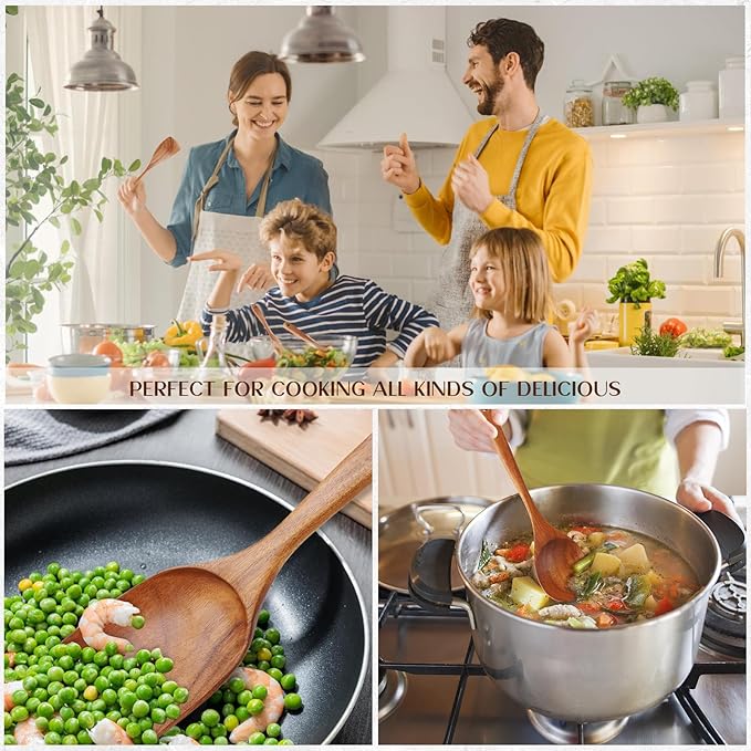 Wood Spoons for Cooking,9 Pcs Natural Teak Wooden Cooking Utensils Set with Holder ＆ Spoon Rest, Soft Comfort-Grip Wooden Kitchen Utensil Set for Non-Stick Cookware