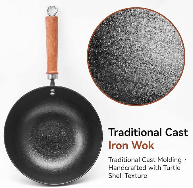 10.2 Inch Iron Wok, Cast Iron Wok Pan with Glass Lid, Uncoated Flat Bottom Wok for Stir-Fry & Saute, Woks & Stir-Fry Pans for Electric, Gas & Induction Cooktops