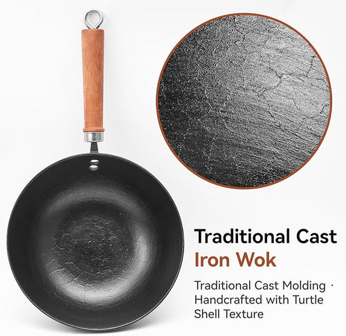 10.2 Inch Iron Wok, Cast Iron Wok Pan with Glass Lid, Uncoated Flat Bottom Wok for Stir-Fry & Saute, Woks & Stir-Fry Pans for Electric, Gas & Induction Cooktops