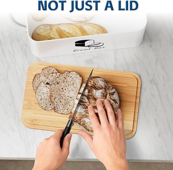 Metal Bread Box with Bamboo Cutting Board Lid, Bread Storage Container, Modern Kitchen Organizer for Sourdough, Buns, and Loaves (White)