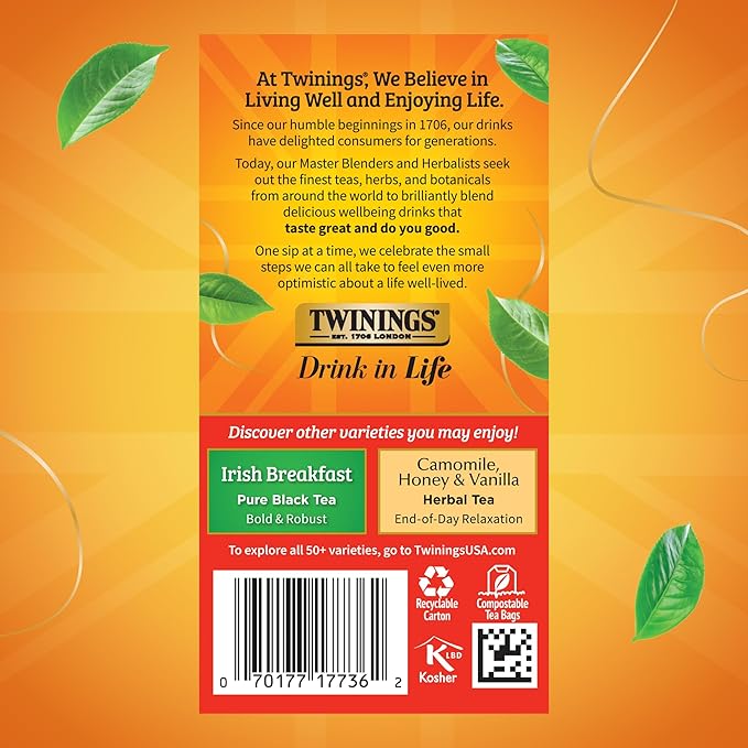 Twinings Extra Strong English Breakfast Black Tea Individually Wrapped Bags, 20 Count (Pack of 6), Robust, Caffeinated, Enjoy Hot or Iced, 120 Teabags