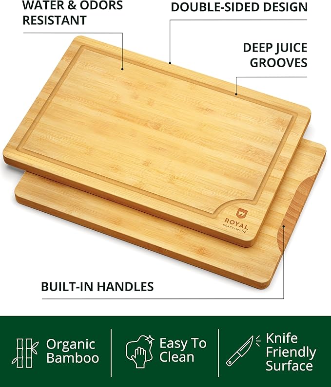 ROYAL CRAFT WOOD Premium Cutting Boards for Kitchen Meal Prep & Serving - Bamboo Wooden Serving Board Set with Deep Juice Groove Side Handles - Charcuterie & Chopping Butcher Block for Meat
