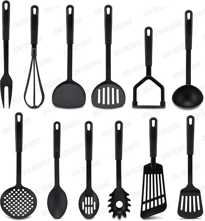 AME D'ESSENCE Skimmer 12 1/2 inch Black Nylon 410ºF Heat Resistant Slotted Skimmer Spoon with Ergonomic Handle Kitchen Gadgets for Straining