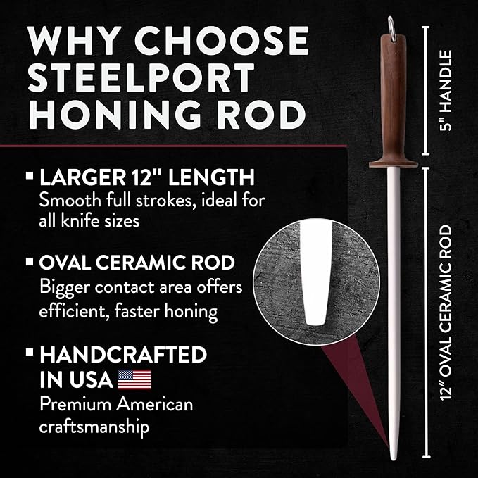 STEELPORT 12 inch Oval Ceramic Honing Rod | Professional Knife Sharpener Rod with Oregon Black Walnut Handle, Safety Guard | Premium Blade Sharpener For All Knifes | Ideal Gift for Chefs, Home Cooks
