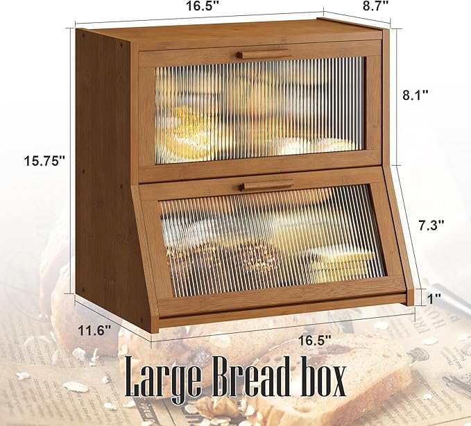 GHWIE Double Layer Bamboo Bread Box for Kitchen Counter,Large Capacity Bread Storage Bin,Bread Container with Acrylic Wavy Door Panel (Brown, Extra Large)