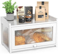 BAMBANG Bamboo Bread Box for Kitchen Counter, Large Capacity Bread Storage Container Farmhouse Bread Box with 3 Sides Wavy & Back Clear Window, Breadbox Bread Bin Holder for Homemade Bread, White