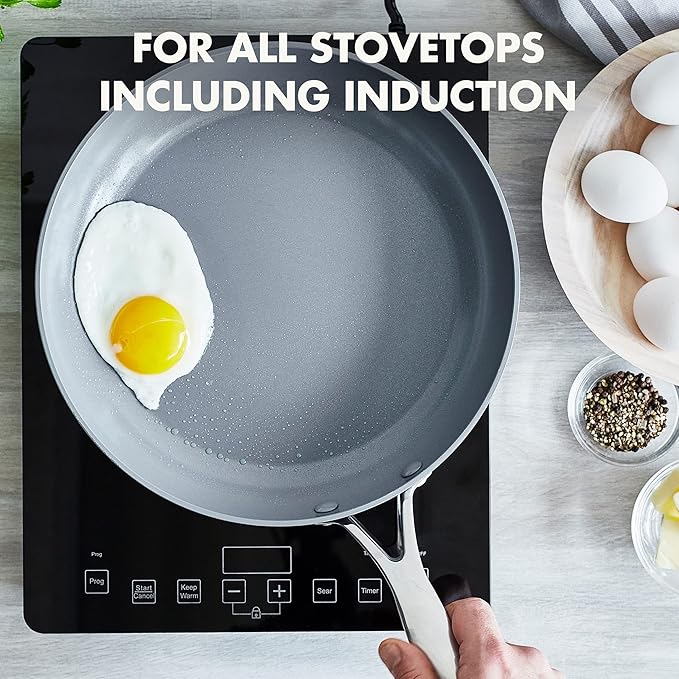 GreenPan Valencia Pro Hard Anodized Healthy Ceramic Nonstick 10" Frying Pan Skillet with Lid, PFAS-Free Cookware, Stainless Steel Handle, Induction Suitable, Dishwasher Safe, Oven Safe, Gray