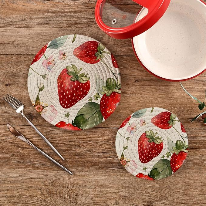 Cute Watercolor Strawberries Kitchen Trivets Pot Holders Set of 2, Trivets for Hot Pots Dishes Woven Trivet Coaster Pad Mat for Counter