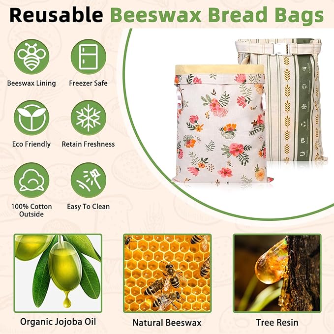 Extra Large Beeswax Bread Bags, Reusable Waxed Bags for Sourdough Homemade Bread, Cotton Linen Beeswax Bag to Keep Fresh, Proofing Bag Freezer-Safe, Easy Clean