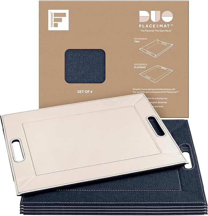 DUO PLACEsMAT Faux Leather Placemat & Serving Tray | Reversible Design, Lays Flat, Easy to Clean & Store | Indoor-Outdoor Dining, Ottoman, Entertaining & Gift, 18” x 14” (Fabric Blue & Ivory)