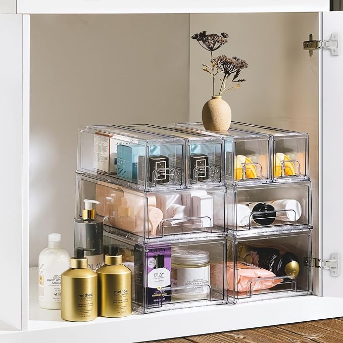 Sorbus Small Clear Stackable Storage Drawers – 4-Pack Plastic Organizer Bins with Handles – Stackable Pull-Out Storage Drawers for Closet, Pantry, Office, Bathroom, Craft, and Toy Organization