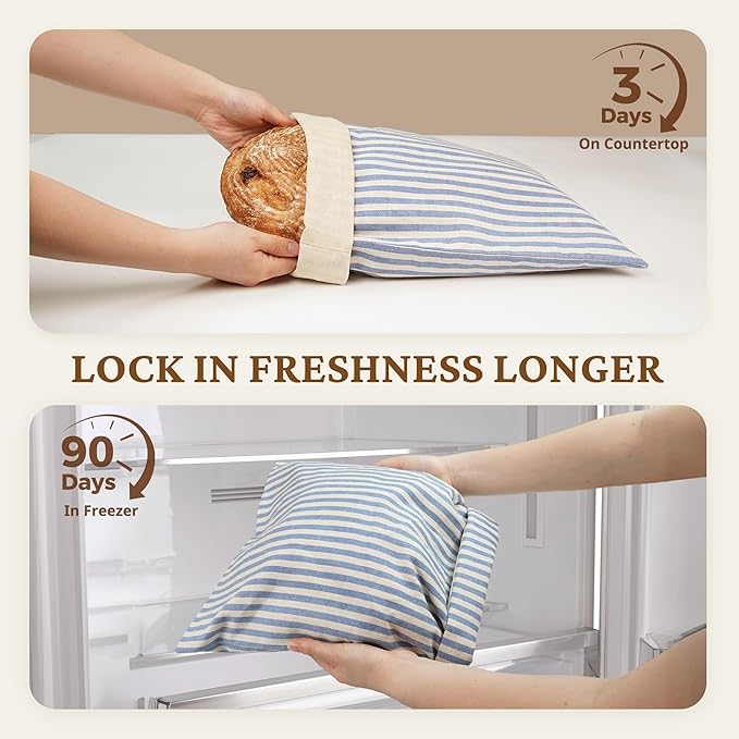 BRONYPRO Reusable Beeswax and Cotton Bread Bags, 2-Pack Waxed Bread Bags for Homemade Bread & Sourdough, Sustainable Sourdough Loaf Storage to Lock in Freshness, Large 17x12.6in, Blue