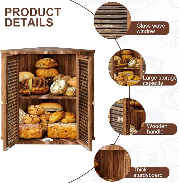Corner Bread Box for Kitchen Countertop, Elegant Breadbox Organizer for Kitchen Countertop Cabinet 16.5in H,Large Double Layer Acacia Wooden Bread Storage Container with Glass Doors