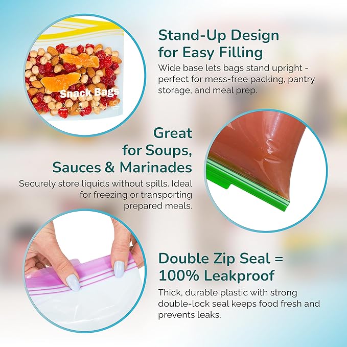 Reusable Food Storage Bags – 260 Pack Variety Pack (Snack, Sandwich, Quart, Gallon) – BPA-Free, Leakproof Zipper Bags with Expandable Bottom – Freezer Bags Safe, Kitchen & Pantry Organizer