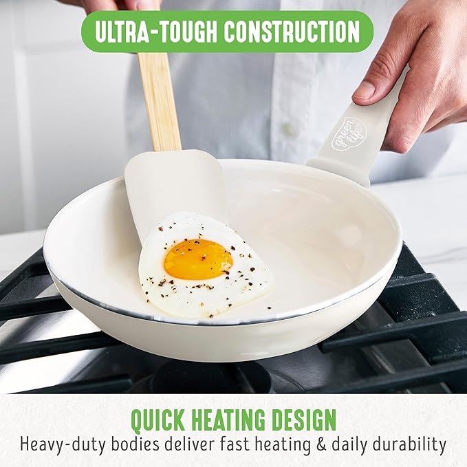 GreenLife Soft Grip 8” Frypan Skillet and Spatula Breakfast Cookware Set, PFAS-Free Ceramic Nonstick, Silicon Spatula with Bamboo Handle, Egg Omelette Bacon, Dishwasher Safe, Stay-Cool Handles, Cream
